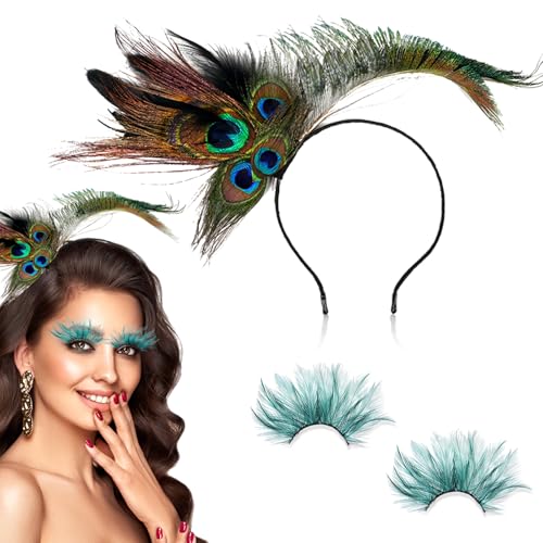 Sunwuun Pfau Kopfschmuck Karneval mit Wimpern Federn,Pfauenfedern Haarschmuck,Künstliche Grün Wimpern Karneval,Kostüm Pfau Damen,Karneval Fasching Maskerade Party Zubehör von Sunwuun