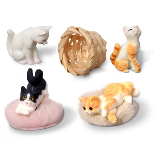 Sunwuun Wichtel Zubehör Katzenfiguren,Puppenhaus Zubehör Weihnachten,Geschenke für Katzenliebhaber,Puppenhaus Zubehör Katze Bambus Korb Decke von Sunwuun