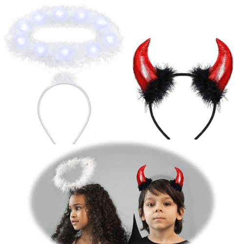 Weißer Heiligenschein Engel und Schwarz Teufelshörner Haarreif Set,Heiligenschein Engel,Haarreif Fasching Damen,Teufel Hörner Damen,Halloween Karnevals Fasching Accessoires von Sunwuun