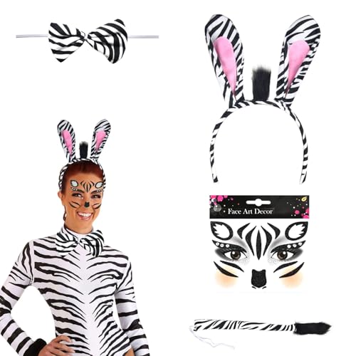 Zebra Kostüm Damen und Kinder,Zebra Ohren Haarreif Schwänze Schleifen,Zebra Gesicht Aufkleber,Haarreif Fasching,Dschungel Kostüm Damen,Tierkostüm Damen,Karneval Thema Party Kostüm Zubehör von Sunwuun