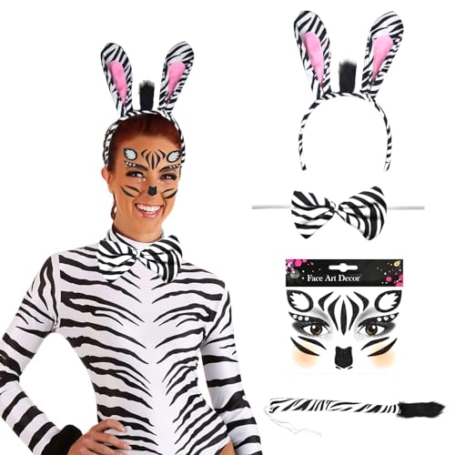 Zebra Kostüm Damen und Kinder,Zebra Ohren Haarreif Schwänze Schleifen,Zebra Gesicht Aufkleber,Haarreif Fasching,Dschungel Kostüm Damen,Tierkostüm Damen,Karneval Thema Party Kostüm Zubehör von Sunwuun