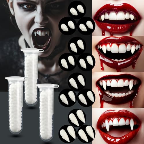 Suofuolef 12 Paar Halloween Vampir Zähne, 4 Größen Vampire Cosplay Fangs mit Pellets Kleber für Cosplay,Requisiten,Halloween, Dämon, Hexe von Suofuolef