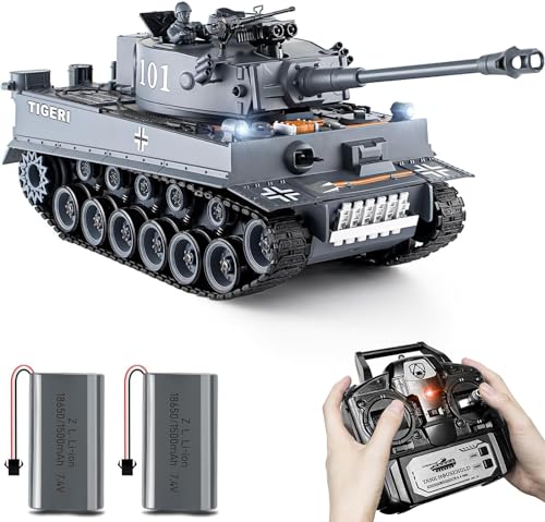 Supdex 1:18 RC Panzer, 2.4GHz WW2 Deutscher Tiger I RC Panzer Modellspielzeug, Kampfpanzer mit Rauch, Licht und Sound, Militärspielzeug für Erwachsene und Kinder von Supdex