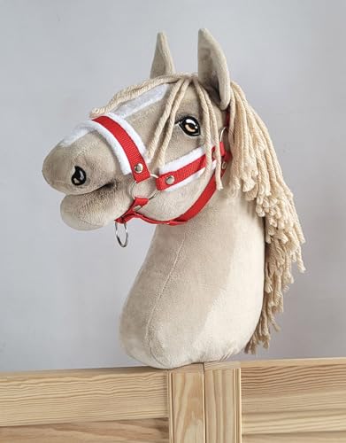 Verstellbares Halfter für Hobby Horse A3 mit Fell. Set ohne Pferd. rot mit weißem Fell von Super Hobby Horse