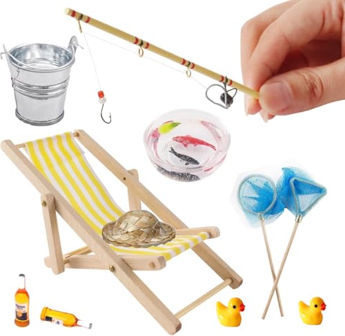 Super Idee Miniatur Angelrute Set 11er Set Angelstuhl Fischernetz Strohhut Fischschale mit Fischer Angeln Cake Topper Tortendekoration Miniatur Wichtel Zubehör Verzierungen für Wichteltüren Nissedor von Super Idee