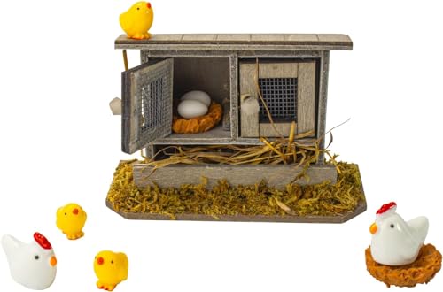 Super Idee Miniatur Hühnerstall mit Hühnern Küken und Eiern Krippenzubehör fürs Puppenhaus Ostern Frühling Dekoration Miniaturgarten Feengarten Bauernhof Weihnachten Wichteltür Zubehör von Super Idee