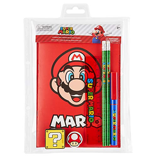 SUPER MARIO Schreibwaren Set Kinder, Kugelschreiber Set mit Notizbuch A5 und Radiergummi für Gamers, Etui Schule Set für Teens, Geschenke für Kinder von Super Mario