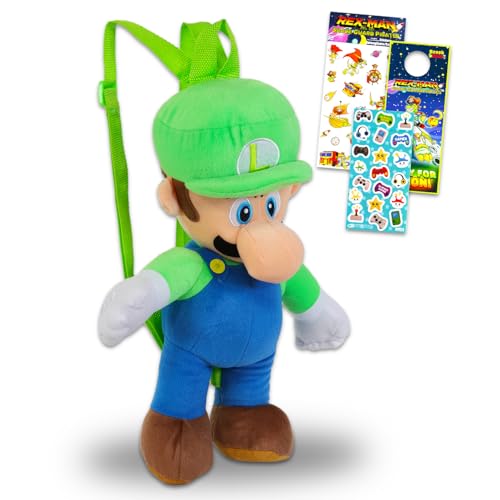 Super Mario Bros Luigi Plüsch-Set – Bündel mit 43,2 cm Luigi-Plüschpuppe mit Tragegurten plus Aufklebern, mehr | Super Mario Geschenke für Kinder, Jungen, Mädchen von Super Mario