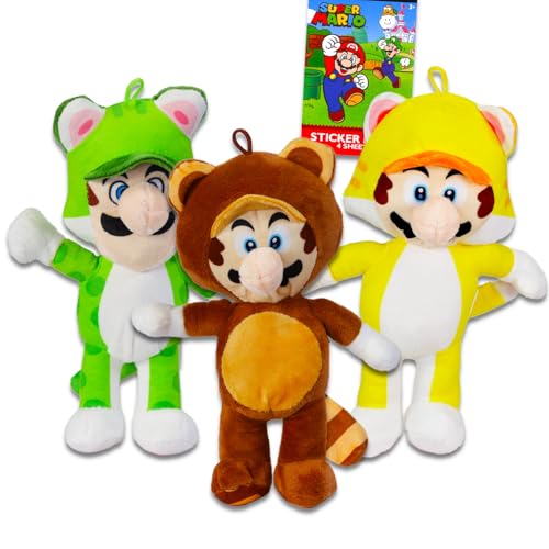 Super Mario Plüsch-Set – Bündel mit 3 Mario- und Luigi-Plüschtiern: Waschbär-Tanooki, Katze Mario, Katze Luigi plus Mario-Aufklebern | Super Mario Brothers Stofftiere von Super Mario