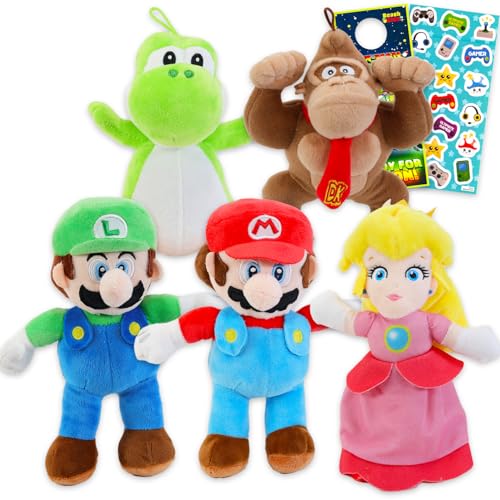 Super Mario Plüschtier-Set – Paket mit 5 Super Mario Bros Plüschtieren einschließlich Mario, Luigi, Pfirsich, Donkey Kong, Yoshi plus Aufklebern, mehr | Super Mario Stofftiere für Kinder von Super Mario