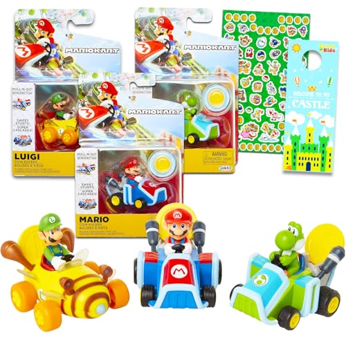 Super Mario Rückzieh-Spielzeug-Rennwagen, 3er-Pack, Paket mit Mario-Rückzieh-Auto-Spielzeug mit Mario, Luigi, Yoshi Plus-Aufklebern, mehr | Super Mario Bros Rennwagen-Set für Kinder, Jungen von Super Mario