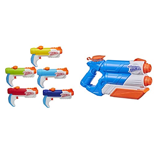 Der Nerf Super Soaker Piranha Multipack enthält 5 Piranha Wasserblaster & Twin Tide Wasserpistole doppelter Spritzpower Pump-Funktion großer 1,4L Wassertank einfaches Auffüllen von Super Soaker