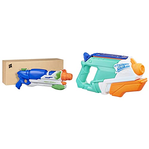 Super Soaker Barrage Wasserpistole DREI Spritzmodi bis zu 11,5 Meter 2,4L Wassertank & Splash Mouth Wasserpistole Zwei Spritzmodi Wasserstrahl Splash-Attacke kompakten 500ml Wassertank von Super Soaker