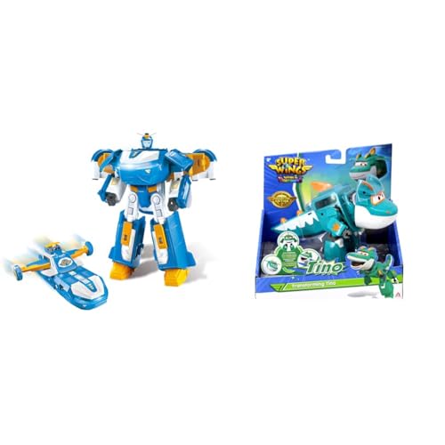 Super Wings 3-in-1 World Aircraft Transforming Robot mit Licht- und Soundeffekten & Tino Dinosaur 5' Transforming Character Easy Transformation Preschool Kids Gift Toys for 3+ Year Old Boy Girl, Green von Super Wings