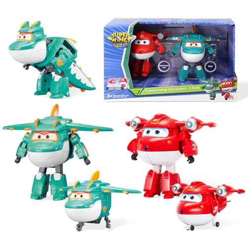 Super Wings 5" Transforming Characters 2-Pack Transforming Supercharged Jett + Tino, Transformer Spielzeug für 3+ Jahre Alten Jungen Mädchen von Super Wings