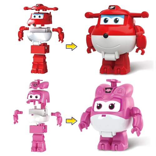 Super Wings 2 in 1 Transformer Spielzeug, Bauklötze Flugzeug & Roboter Transformer Spielzeug mit Jett & Dizzy. Block-Transformator-Spielzeug für Kinder Jungen Mädchen 3 4 5 6 7 8 9 10 Jahre alt von Super Wings