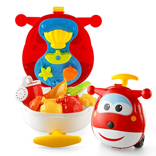 Super Wings 10 Stück Sandspielzeug Set für Kinder, Strandspielzeug Kofferbox Gießkanne Schaufel und Jett/Donnie Sandformen, Sandkasten Spielzeug Geschenk für Jungen Mädchen 1 2 3 4 5 6 7 8 Jahr von Super Wings