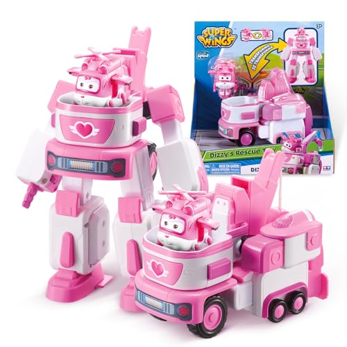 Super Wings EU720314 - Transformations-Fahrzeug Dizzy Rescue Tow, ca. 14,5 cm große Spiel-Figur für Kinder, verwandelbares Spiel-Flugzeug und Fahrzeug, Rosa von Super Wings