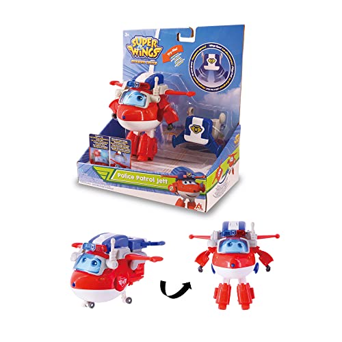 Super Wings EU730220 - Transformations-Flugzeug Police Patrol Jett, ca. 20,3 cm große Spiel-Figur für Kinder, verwandelbares Spielzeug-Flugzeug und Roboterfigur von Super Wings