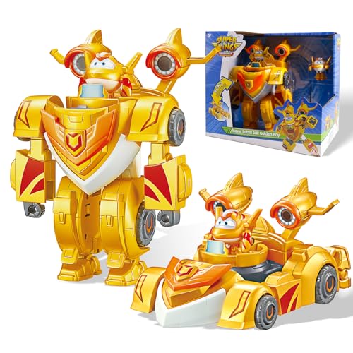 Super Wings EU770352 - Super Robot Suit Golden Boy, ca. 18 cm große verwandelbare Spiel-Figur, 2-in-1 Roboter Anzug und Super Auto, für Kinder ab 3 Jahren, Yellow von Super Wings