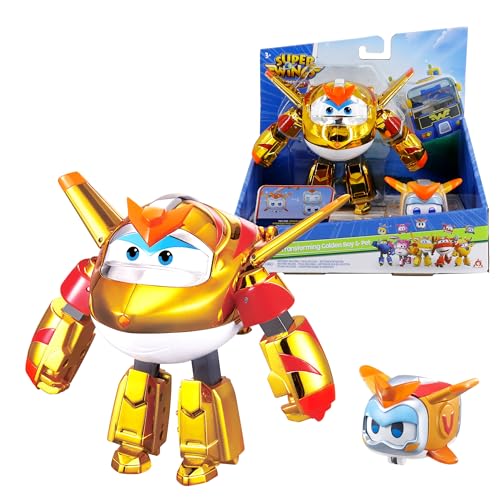 Super Wings EU770441 - Transforming Golden Boy & Pet, ca. 12 cm große verwandelbare Spiel-Figur mit ca. 4,3 cm großem Haustier, für Kinder ab 3 Jahren, Goldfarben von Super Wings