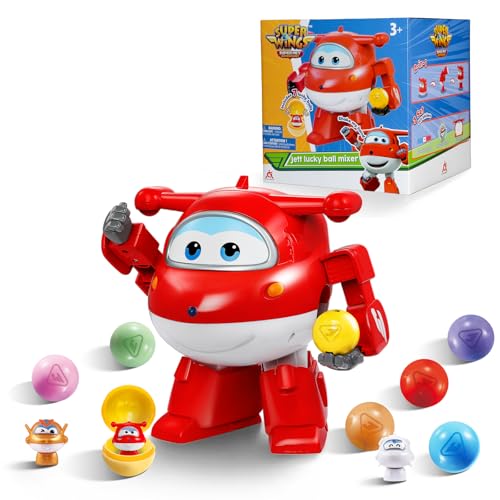 Super Wings Lucky Ball Spielzeug Jett, 20,5 cm, 7 Lucky Ball 2-in-1-Transformator-Spielzeug, mit 3 Sets von DIY-Aufklebern, Spielzeug-Flugzeuge und -Roboter für Kinder Jungen und Mädchen ab 3 Jahren von Super Wings