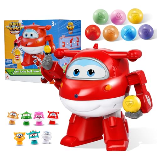 Super Wings Lucky Ball Spielzeug Jett, 20,5 cm, 7 Lucky Ball 2-in-1-Transformator-Spielzeug, mit 3 Sets von DIY-Aufklebern, Spielzeug-Flugzeuge und -Roboter für Kinder Jungen und Mädchen ab 3 Jahren von Super Wings