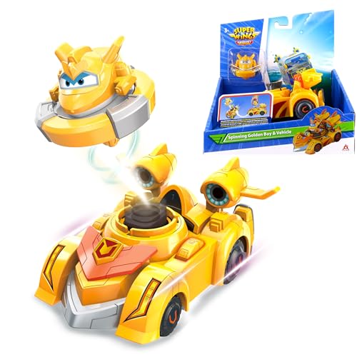 Super Wings Spinning Golden Boy & Vehicle, ca. 14 cm großes Super-Fahrzeug mit 2 Modi, inkl. Mini-Golden Boy als Kreisel zum abschießen, für Kinder ab 3 Jahren von Super Wings