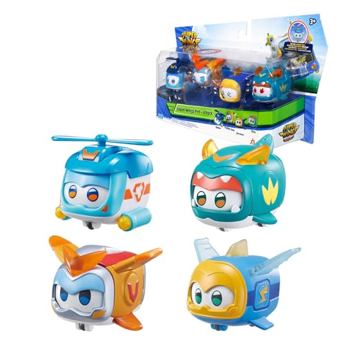 Super Wings Super Pet 4 Pack Shine, Golden Boy, Jerome, Ellie, mit schaltbarem Gesichtsausdruck, mit Blitzeffekt, tragbar, Spielzeug für 3 4 5 6 7 8 Jahre Alter Junge Mädchen, 2 inch von Super Wings