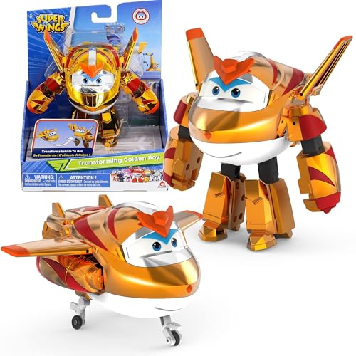 Super Wings Transforming Golden Boy, ca. 12.7 cm große verwandelbare Spiel-Figur, Spielzeug-Flugzeug und Roboterfigur für 3+ Jahre Alten Jungen Mädchen, Goldene von Super Wings