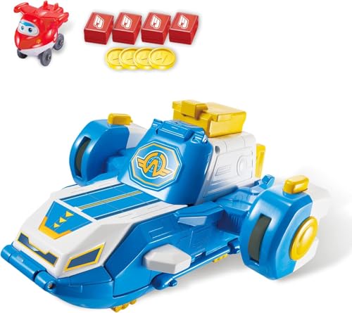 Super Wings World Flugzeuge Spielset mit 2 Zoll Jett Transforming Flugzeug, verwandelt Sich in eine verschiebbare Landebahn coolen Sounds und Lichtern, Transformer-Spielzeug für Kinder ab 3 Jahren von Super Wings