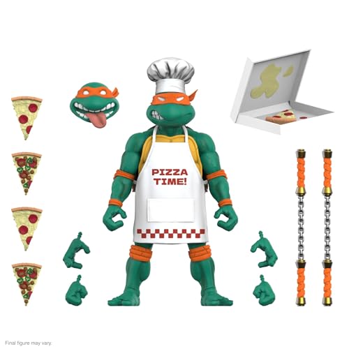 Teenage Mutant Ninja Turtles ULTIMATES! Chef Michelangelo SDCC 2024 Exklusive 17,8 cm Actionfigur mit Pizza-Box Verpackung und Zubehör von Super7