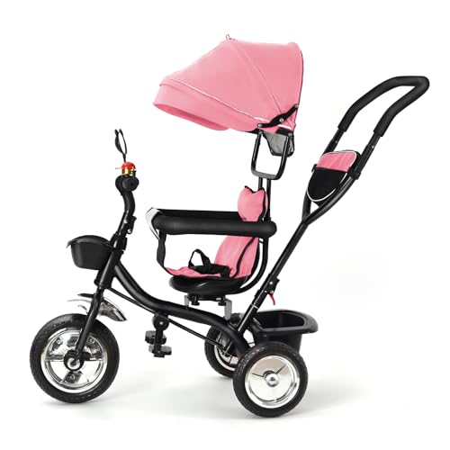 4 in 1 Dreirad, Kinderdreirad mit Schubstange, Drehbarer Sitz Vorwärts und Rückwärtsfahrt, Ausklappbarem Verdeck, Höhenverstellbar Elterngriff, Dreirad ab 9 Monate bis 25 kg (Rosa) von Supfine