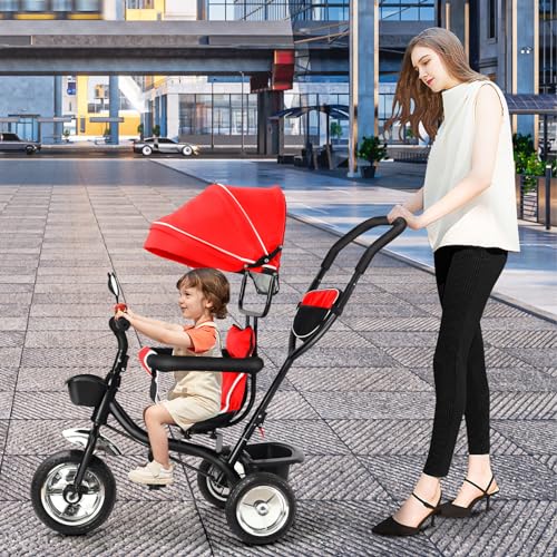 Supfine Skalierbares Baby Dreirad 4 in 1 Evolutionäres Dreirad 9 Monate bis 25 kg mit höhenverstellbarer Schubstange Drehsitz vorne und hinten klappbares Sonnensegel (rot), 46*75*106 cm von Supfine