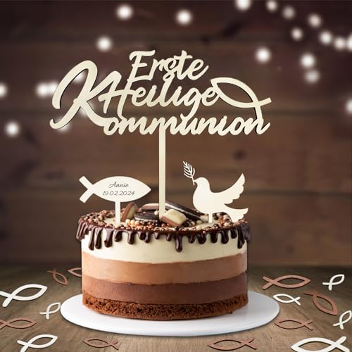 Erstkommunion Tortendeko, Erste Heilige Kommunion Cake Topper & 36 Stück Holz Fische Tischdeko Kommunion & Taube Fisch Torte Deko, Kommunion Deko Junge Mädchen von SupreLuck