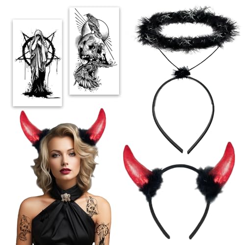 SupreLuck 2Stk Halloween Haarreif, Teufelshörner + Schwarzer Engel Haarreif, Teufel Kostüm Damen Schwarzer Engel Kostüm Halloween Accessoires, Halloween Kopfschmuck für Halloween Party Cosplay von SupreLuck