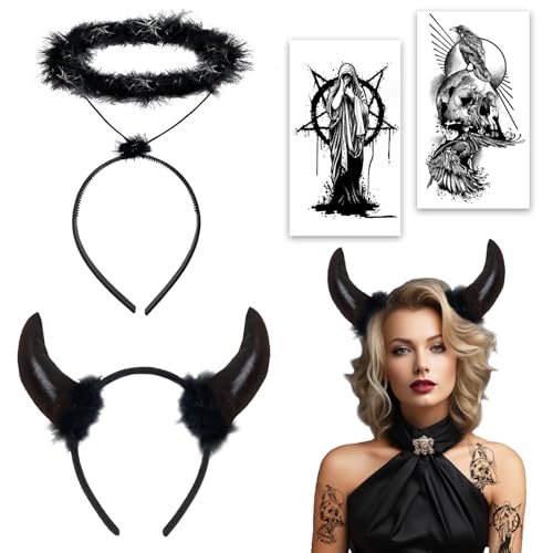 SupreLuck 2Stk Fasching Haarreif Teufelshörner Teufelsohren Schwarz + Heiligenschein Engel Schwarz, Karneval Kostüm Damen Kinder Herren, für Karneval Faschingskostüme Halloween Accessoires von SupreLuck