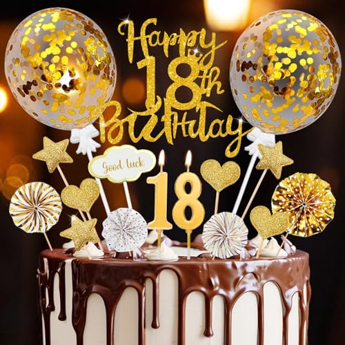 Tortendeko 18 Geburtstag Mädchen Junge, 20 Pcs Tortendeko Gold Deko 18Geburtstag, 18ter Cake Topper mit Geburtstagskerzen, für 18 Geburtstag Deko Kuchen Deko von SupreLuck