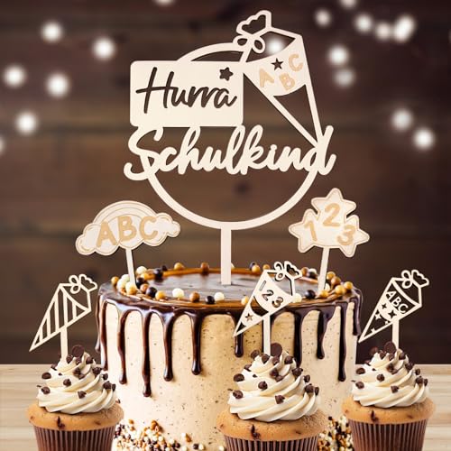 Schulkind Tortendeko, 6 STK Holz Kuchendeko Schulanfang, Hurra Schulkind Tortendeko Einschulung, Cake Topper Einschulung, Schuleinführung Party Deko für Mädchen Junge von SupreLuck