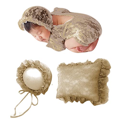 3 Stück Baby Neugeborenen Foto Requisiten Set Spitzen Strampler & Baby Hut & Kissen-Set,Baby Fotoshooting Kostüm,Newborn Baby Kleidung Outfits Hut Headwrap für 0-3 Monate Baby Fotografie Prop von Surakey