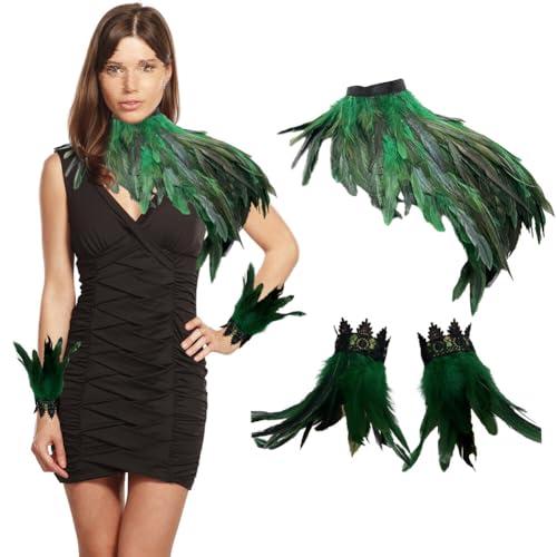 3er Set Gothic Feder Achselzucken Schal mit Feder Manschette Halloween Party Kostüm,Gothic Schwarz Feder Cape Schal Federn Schulter,Damen Feder Umhang Cape Federboa für Halloween Cosplay Verkleidung von Surakey