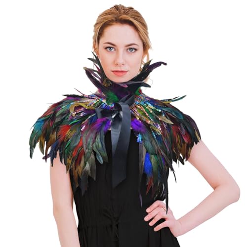 Fasching Federkragen,Gothic Federn Achselzucken Schultertuch,Federcape Halloween Kostüm Feder Epaulet Shrug Kragen,Feder Umhang Damen Cape Federboa Feder Schal für Halloween Cosplay Verkleidung von Surakey