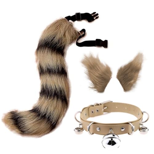 Halloween Kostüme Plüsch Katzenohren katzenschwanz Cosplay Set Fuchsschwanz und Faux Furry Fox Wolf Schwanz Set Kunstfell Fuchsohren Haarreif mit Glockenkragen für Fasching Karneval Masquerade Cosplay von Surakey