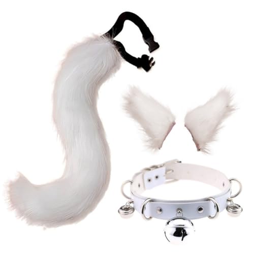 Halloween Kostüme Plüsch Katzenohren katzenschwanz Cosplay Set Fuchsschwanz und Faux Furry Fox Wolf Schwanz Set Kunstfell Fuchsohren Haarreif mit Glockenkragen für Fasching Karneval Masquerade Cosplay von Surakey