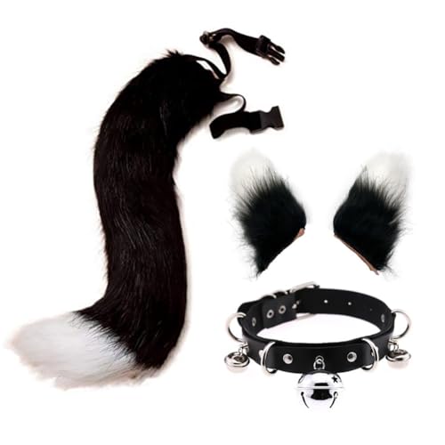 Halloween Kostüme Plüsch Katzenohren katzenschwanz Cosplay Set Fuchsschwanz und Faux Furry Fox Wolf Schwanz Set Kunstfell Fuchsohren Haarreif mit Glockenkragen für Fasching Karneval Masquerade Cosplay von Surakey