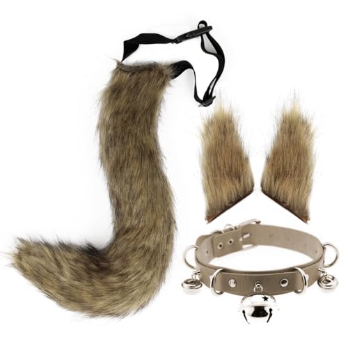 Halloween Kostüme Plüsch Katzenohren katzenschwanz Cosplay Set Fuchsschwanz und Faux Furry Fox Wolf Schwanz Set Kunstfell Fuchsohren Haarreif mit Glockenkragen für Fasching Karneval Masquerade Cosplay von Surakey