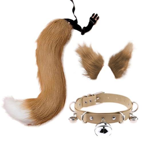 Halloween Kostüme Plüsch Katzenohren katzenschwanz Cosplay Set Fuchsschwanz und Faux Furry Fox Wolf Schwanz Set Kunstfell Fuchsohren Haarreif mit Glockenkragen für Fasching Karneval Masquerade Cosplay von Surakey