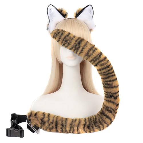 Halloween Kostüme Plüsch Tigerohren katzenschwanz Cosplay Set Tigerschwanz und Ohren Katzenohren Ohren Haarspange Headwear für Damen Kinder Halloween Fasching Karneval Masquerade Cosplay Rollenspiele von Surakey