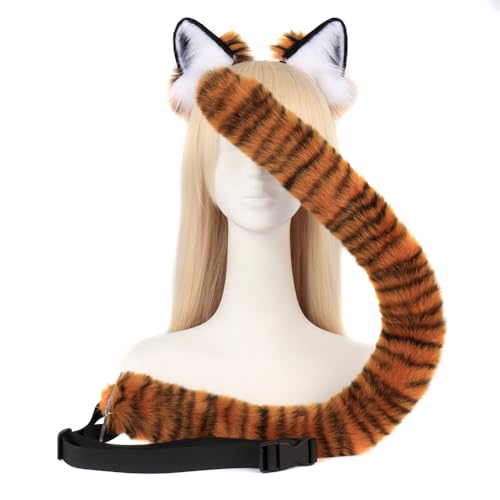 Halloween Kostüme Plüsch Tigerohren katzenschwanz Cosplay Set Tigerschwanz und Ohren Katzenohren Ohren Haarspange Headwear für Damen Kinder Halloween Fasching Karneval Masquerade Cosplay Rollenspiele von Surakey