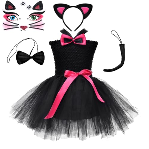 Katzen kostüm Kinder,4-teilige Katzenkostüm Mädchen,Schwarze Katze Kostüm Kinder Mädchen,Halloween Kostüm Katze Mädchen mit Katzenohren, Fliege, Katzenschwanz, Kleid für Karneval Fasching Halloween von Surakey